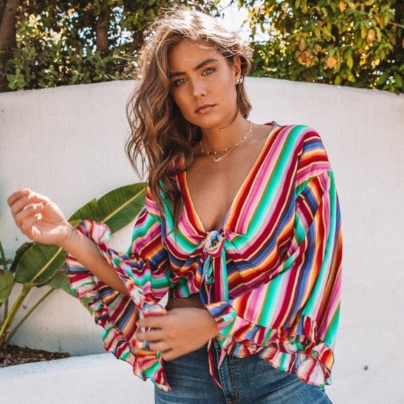 Tie Front Top Candy Stripe Crop Flowy Summer - Picture 1 of 7